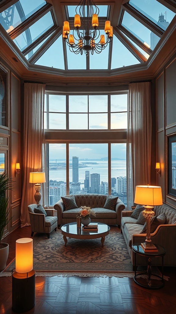 Ein elegantes Art Deco Wohnzimmer mit großen Fenstern, einer auffälligen Deckenleuchte und stilvollen Möbeln.