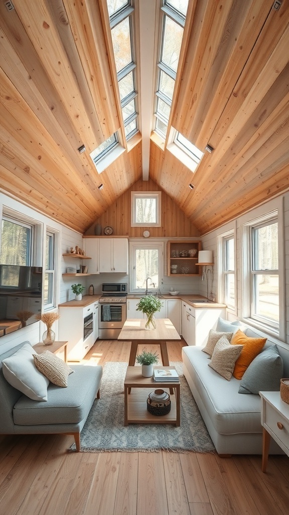 Ein gemütliches Tiny House mit Holzdecke, großen Fenstern und moderner Küche.