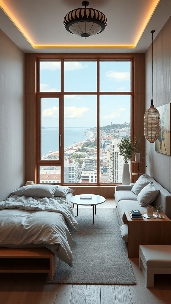 Ein modernes, kleines Schlafzimmer mit großen Fenstern und minimalistischem Design.