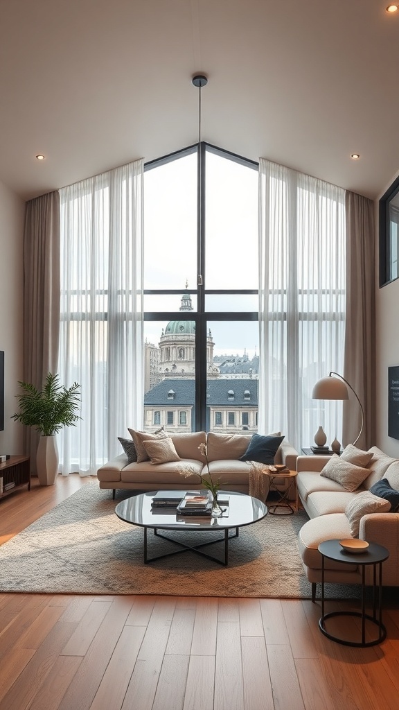 Ein modernes Wohnzimmer mit großen Fenstern, sanften Vorhängen und einer Pflanze als Raumteiler.