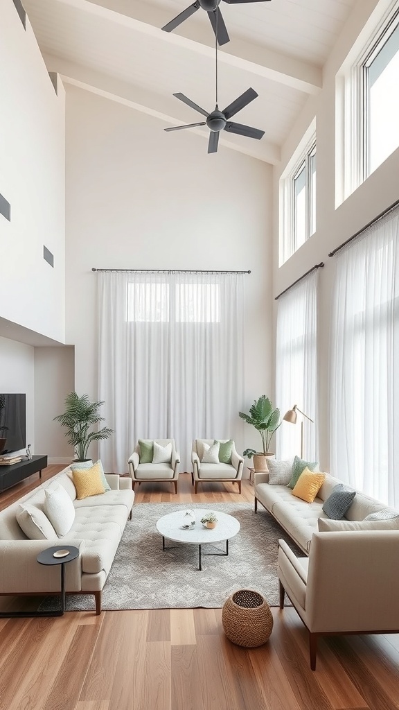 Helles Wohnzimmer mit hohen Decken, großen Fenstern und modernen Möbeln