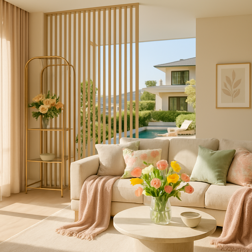 Ein stilvoller Wohnbereich mit einem Holz-Raumteiler, einem beigen Sofa, bunten Kissen und frischen Blumen auf einem Tisch.