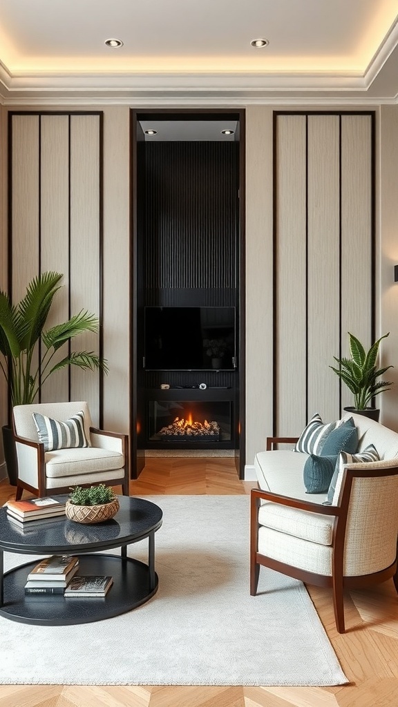 Elegantes Wohnzimmer mit kreativen Raumtrennungen im Art Deco Stil