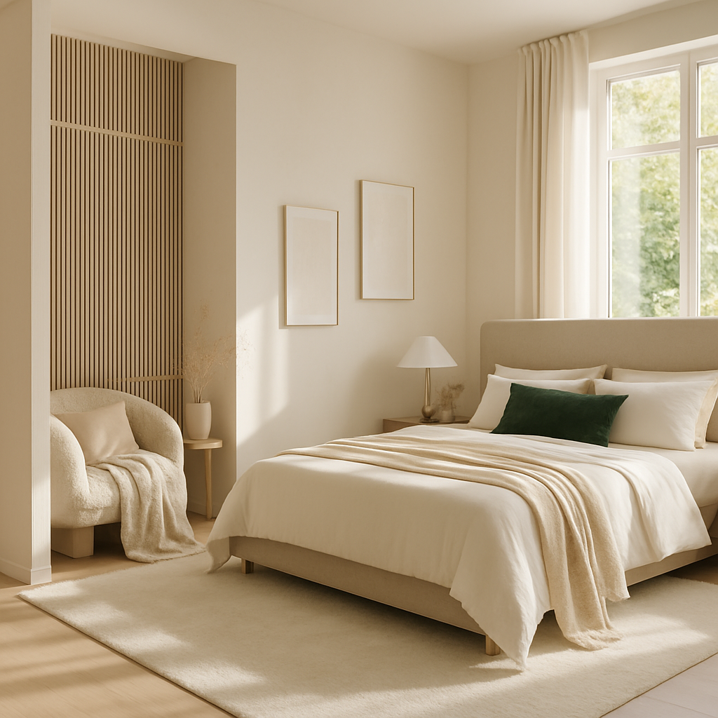 Ein modernes Schlafzimmer mit einer kreativen Raumtrennung und einem gemütlichen Sessel.