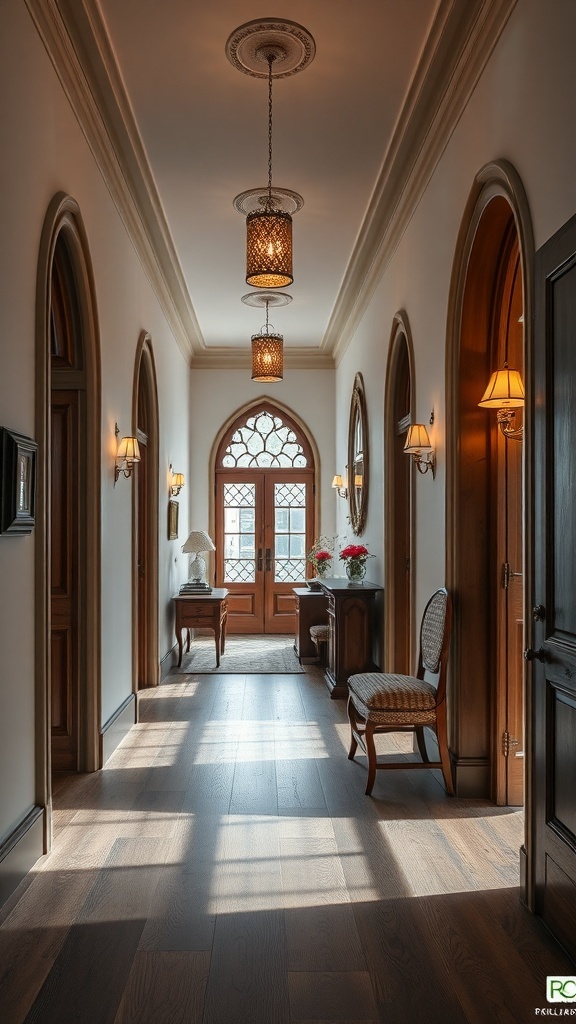 Ein eleganter Flur im Western Gothic Stil mit hohen Türen, warmen Lichtquellen und stilvollen Möbeln.