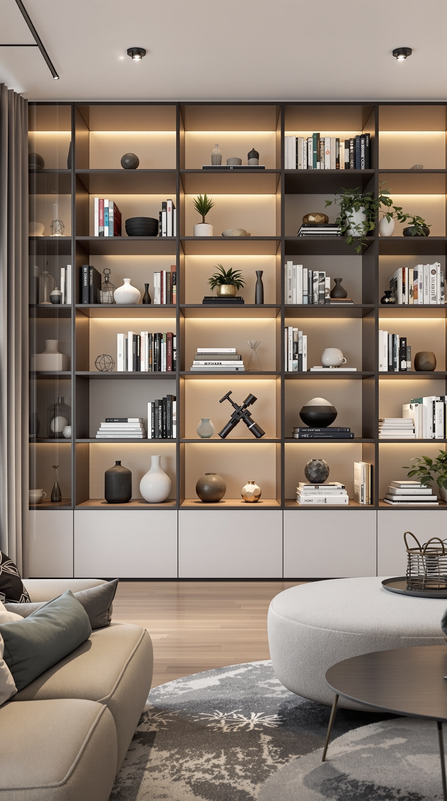 Modernes Wohnzimmer mit kreativem Regalsystem, Sofa und Sessel