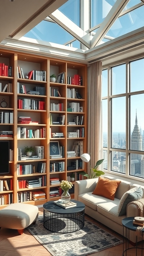 Ein stilvolles Wohnzimmer mit einem hohen Bücherregal, einem gemütlichen Sofa und großen Fenstern mit Stadtblick.