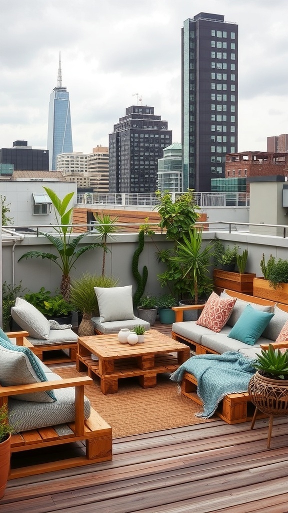 Gemütliche Sitzgelegenheiten aus Paletten auf einer Dachterrasse mit Blick auf die Stadt