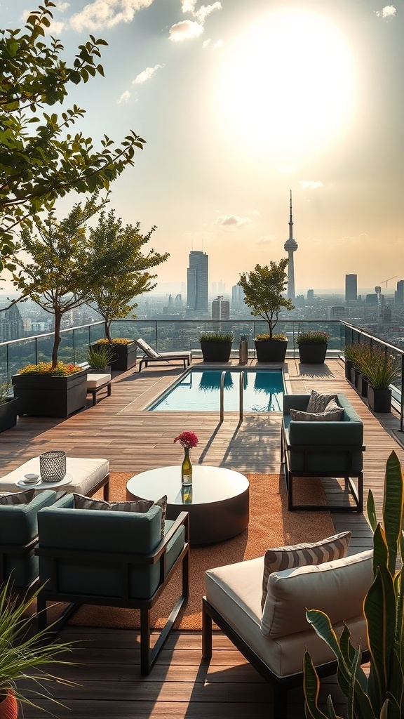 Dachterrasse mit stilvollen Sitzgelegenheiten, Pool und Stadtansicht