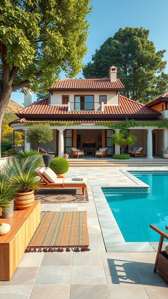Eine helle Terrasse mit einem Pool, Holzliegen und einem Teppich, umgeben von Pflanzen.