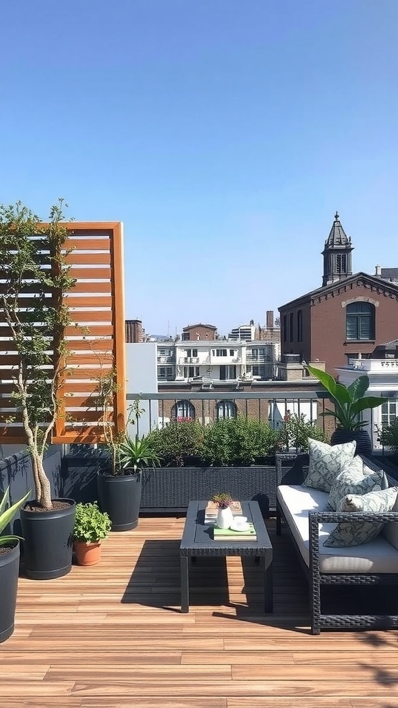 Moderne Dachterrasse mit Holztrennwand und Pflanzen