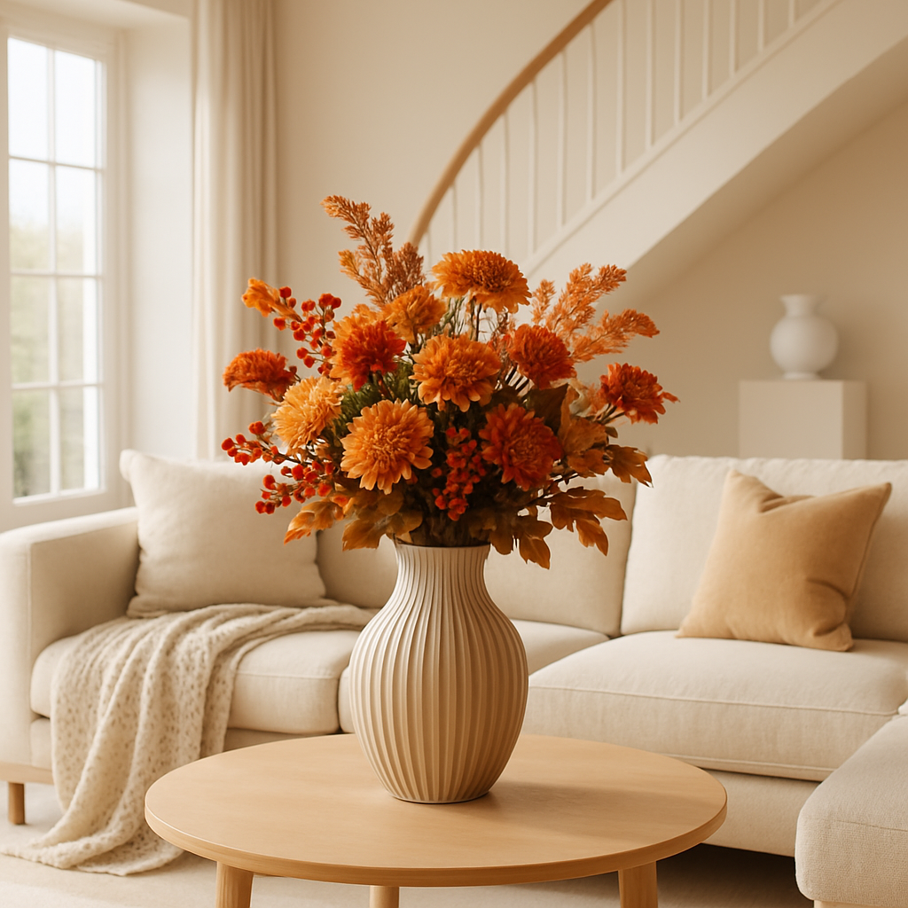 Eine kreative Vase mit orangefarbenen Herbstblumen in einem gemütlichen Wohnzimmer