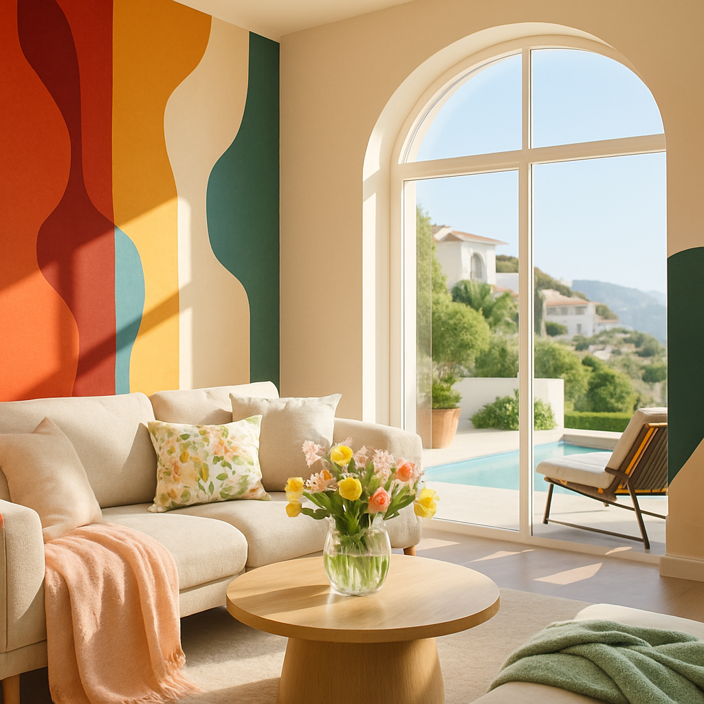 Ein stilvolles Wohnzimmer mit kreativen Wandfarben und viel Tageslicht.