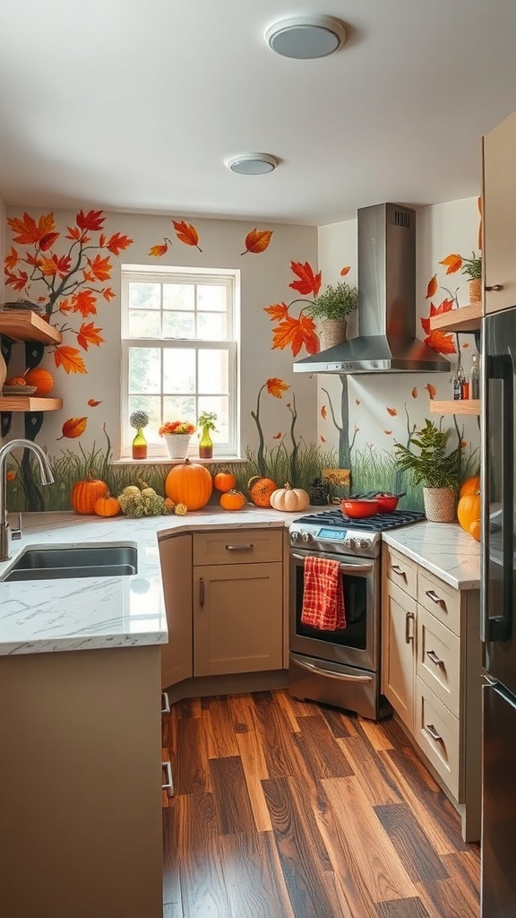 Moderne Küche mit herbstlicher Dekoration und großen Fenstern