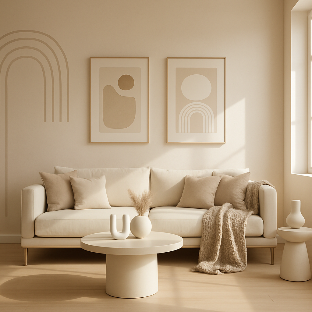 Ein stilvolles Wohnzimmer mit neutralen Tönen, minimalistischer Wandkunst und modernen Möbeln.