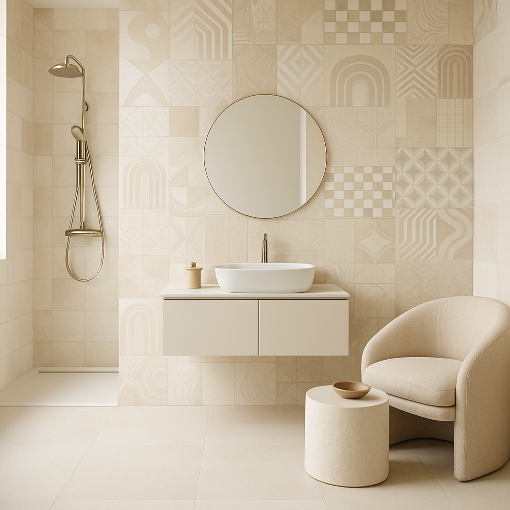 Modernes Badezimmer mit kreativer Wandgestaltung, Walk-In-Dusche und eleganten Möbeln
