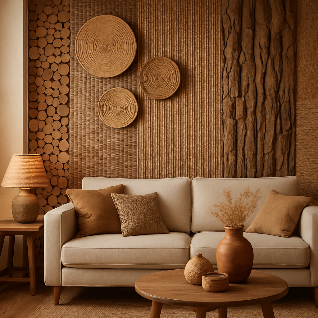 Ein stilvolles Wohnzimmer mit einer Wand aus Naturmaterialien, einem beigen Sofa und Holzregalen.