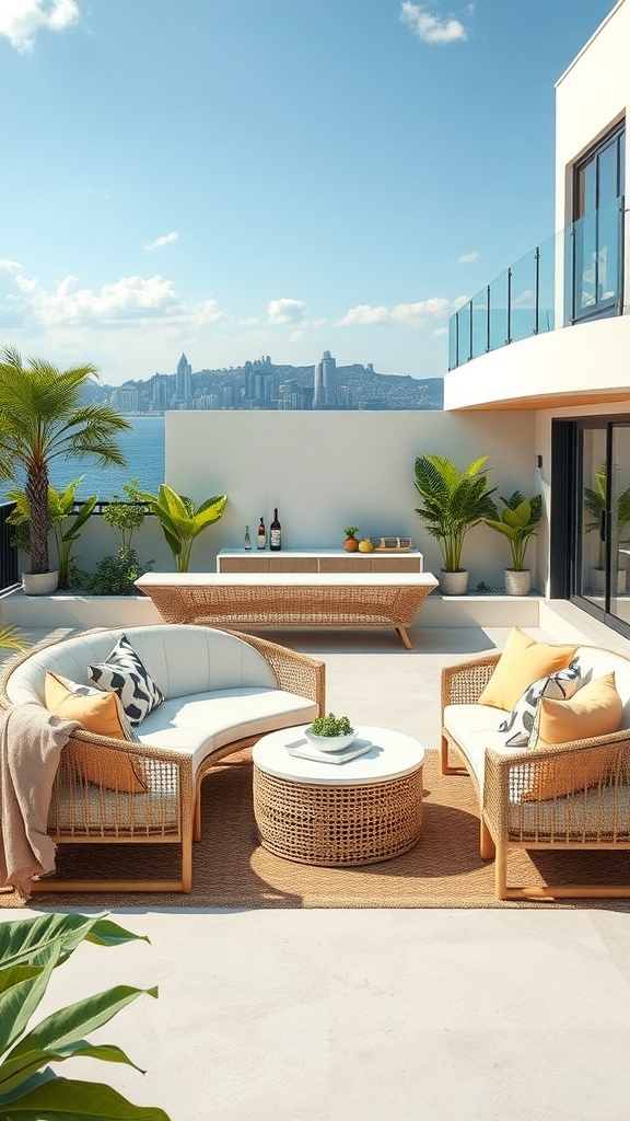 Eine moderne Terrasse mit Rattanmöbeln, Kissen und Pflanzen, die eine entspannte Atmosphäre schafft.