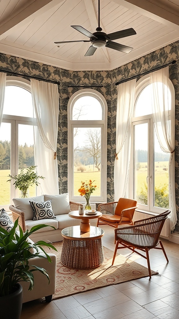 Ein heller Raum mit floraler Tapete, großen Fenstern und modernen Möbeln.