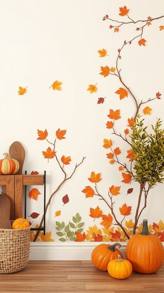 Gemütliche Wohnzimmer-Ecke mit herbstlicher Wandgestaltung und Sofa