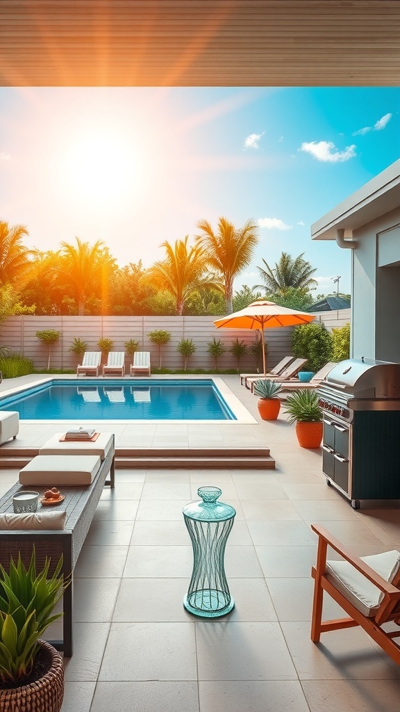 Eine sonnige Terrasse mit einem Pool, umgeben von Palmen und modernen Möbeln.