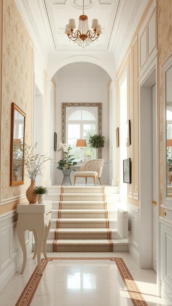 Eleganter Flur mit Tapeten, Treppe und stilvollen Dekorationen