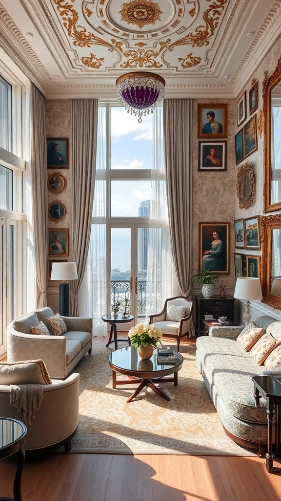 Ein stilvolles Wohnzimmer mit kunstvollen Wandgestaltungen und eleganten Möbeln.