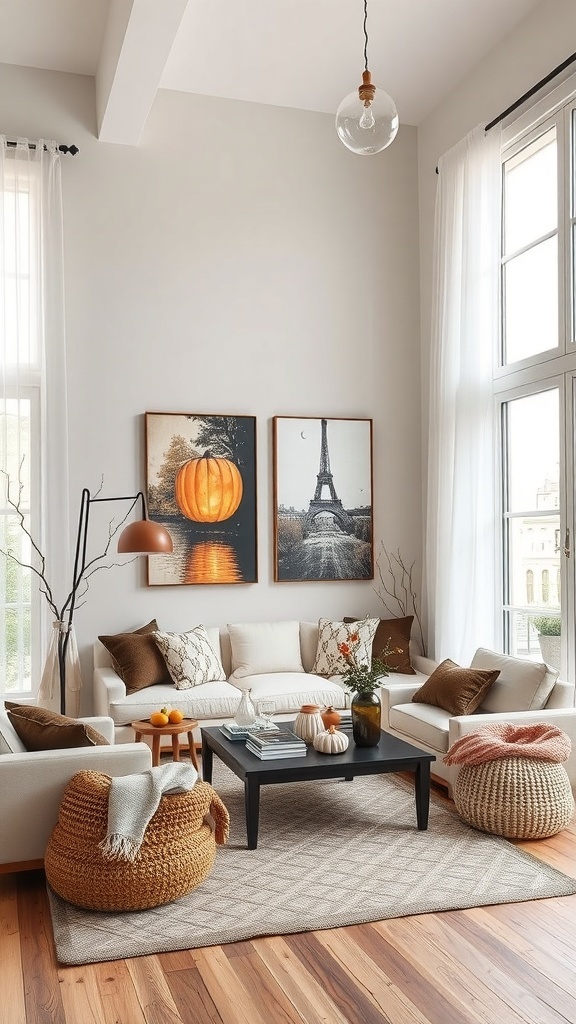 Gemütliches Wohnzimmer mit herbstlicher Dekoration, Bildern an der Wand und warmen Farbtönen.