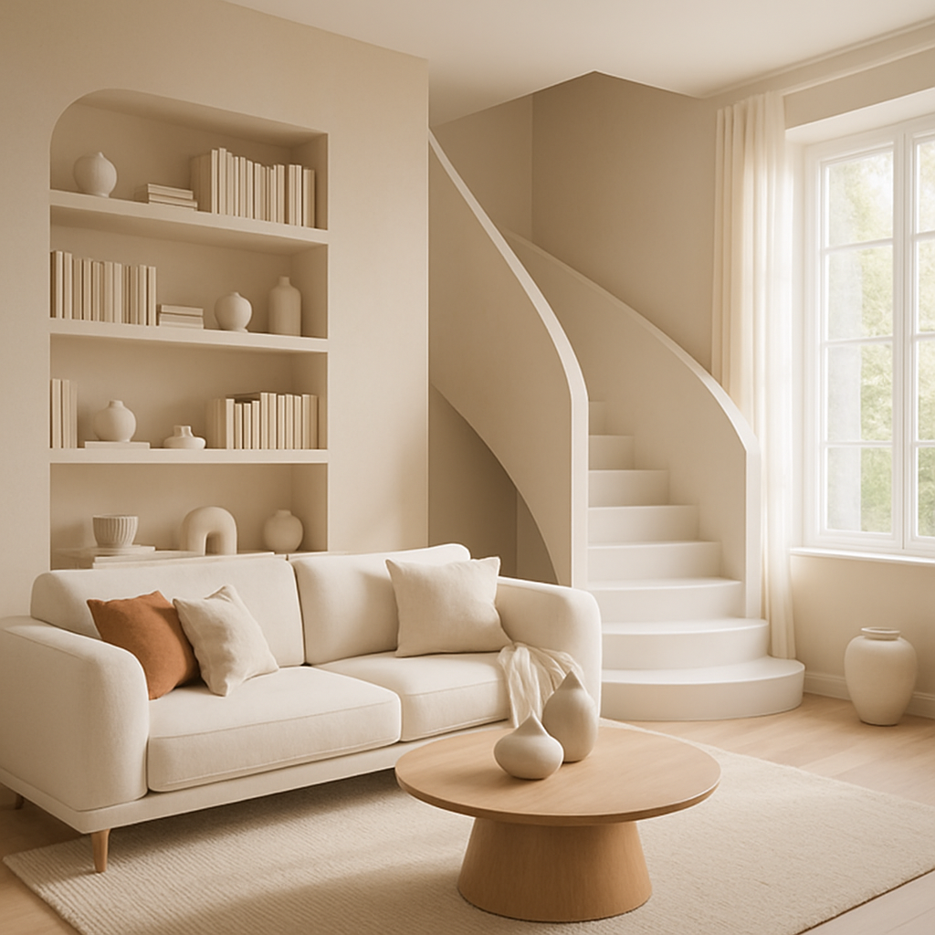 Modernes Wohnzimmer mit kreativen Wandregalen, einem hellen Sofa und einer eleganten Treppe.