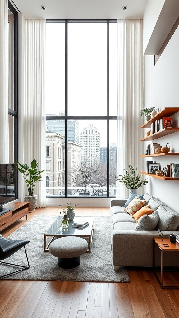 Modernes Wohnzimmer mit großen Fenstern und kreativen Wandregalen