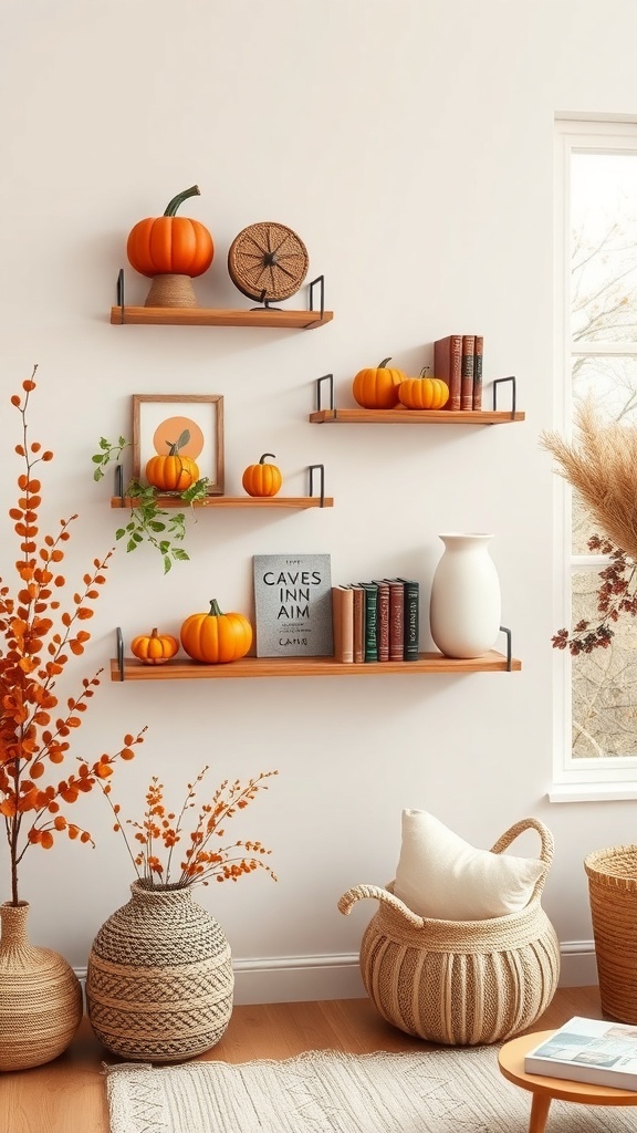 Kreative Wandregale mit Kürbissen und Herbstdekoration
