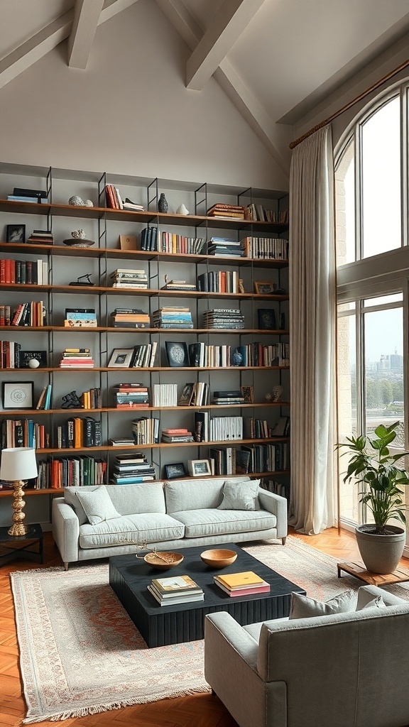 Ein Wohnzimmer mit hohen Wandregalen voller Bücher und dekorativer Objekte, gemütlichen Sofas und einem modernen Tisch.