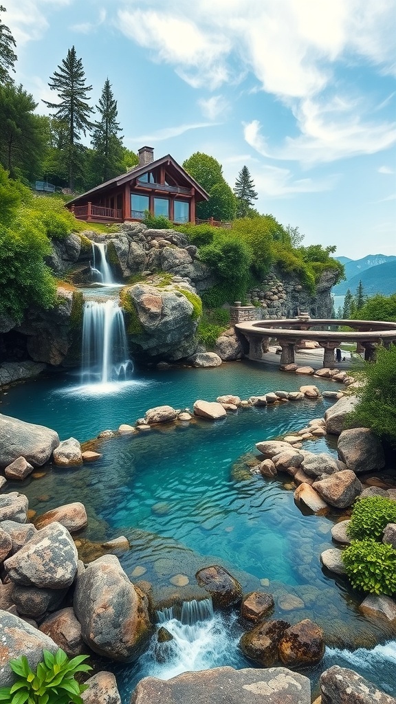 Ein schöner Naturpool mit Wasserfällen und Bachläufen, umgeben von Felsen und Pflanzen.