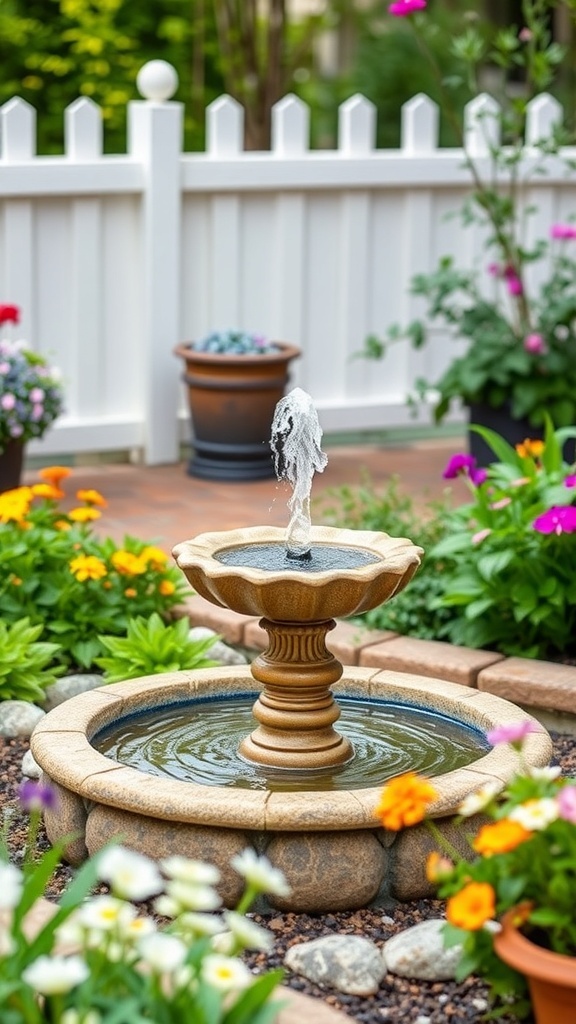 Ein schöner Brunnen in einem blühenden Garten mit bunten Blumen und einem weißen Zaun im Hintergrund.