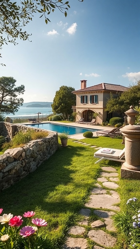 Ein schöner Weg aus Steinen führt zu einem Naturpool, umgeben von Blumen und Gras.