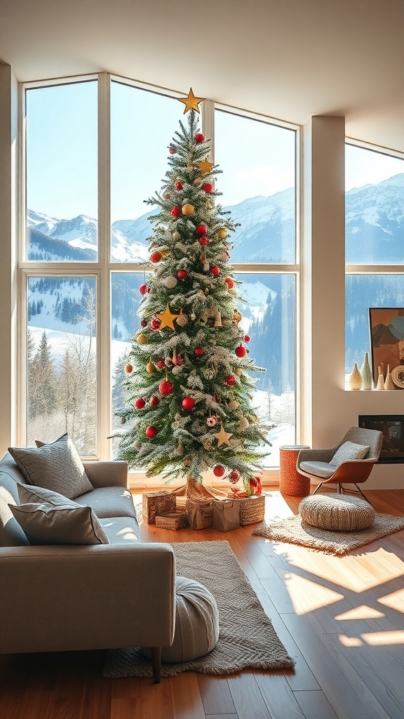 Weihnachtsbaum in einem hellen Raum mit Blick auf schneebedeckte Berge