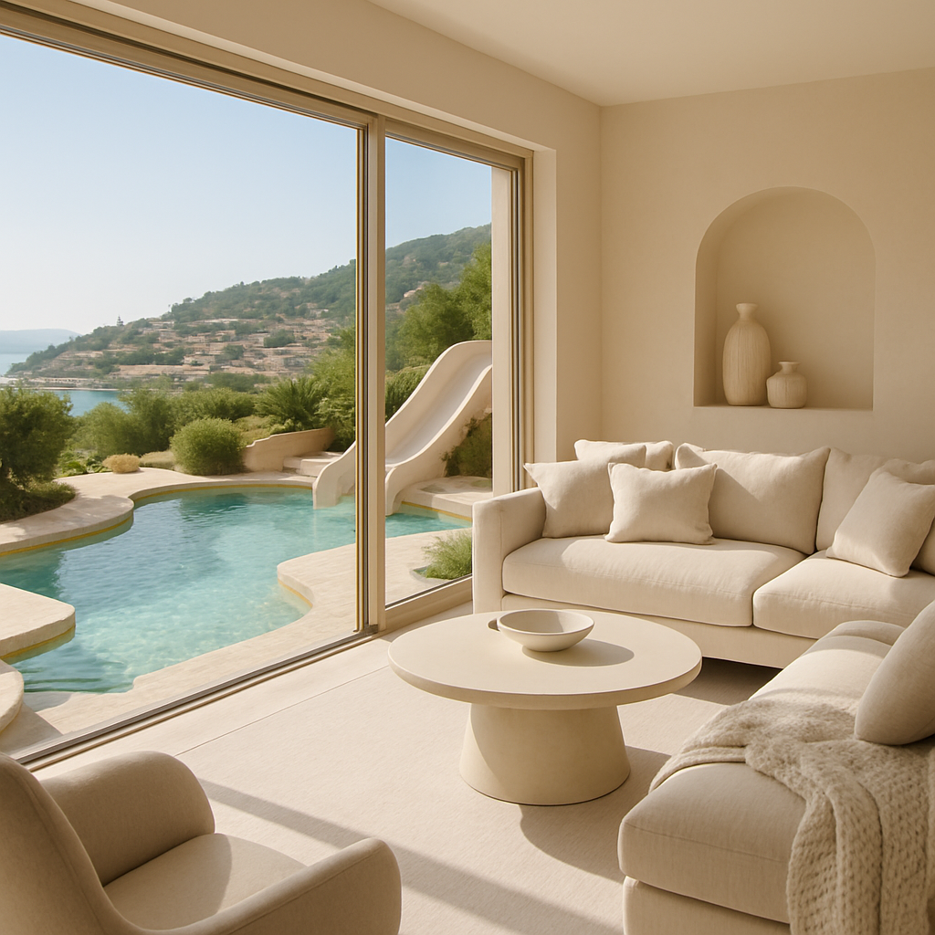 Modernes Wohnzimmer mit Blick auf einen Naturpool und einer Rutsche