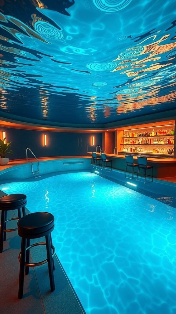 Ein moderner Swimming Pool mit einer Unterwasser-Bar und Blick auf die Stadt