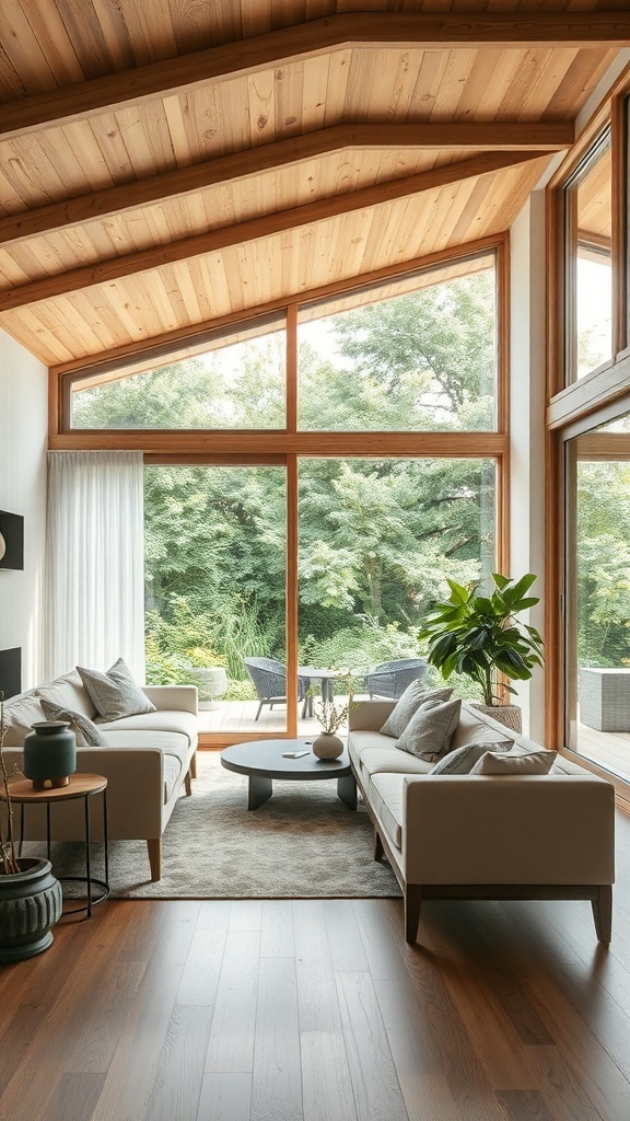 Modernes Wohnzimmer mit großen Fenstern, Holzdecke und eleganten Möbeln