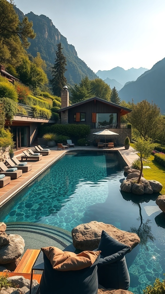 Ein schöner Pool in den Alpen, umgeben von Bergen und Natur.