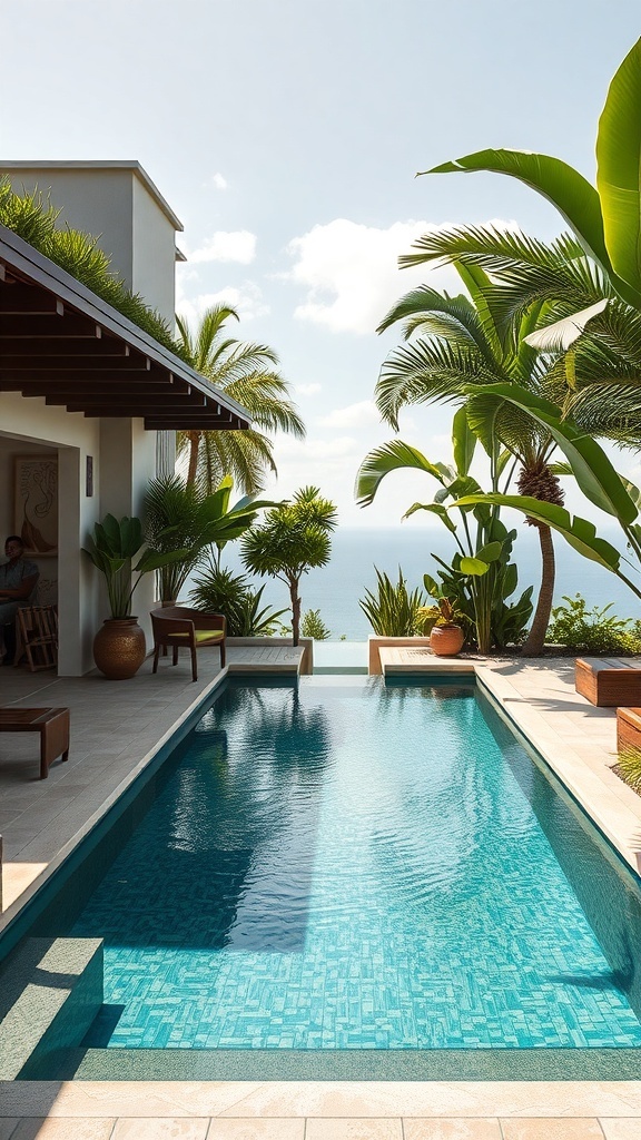 Ein stilvoller Pool in einer tropischen Umgebung mit Pflanzen und Holzdetails.