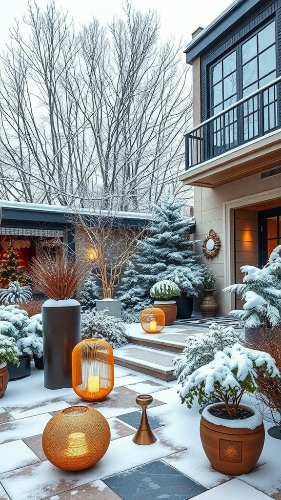 Wintergarten mit schneebedeckten Pflanzen und stilvollen Lichtern