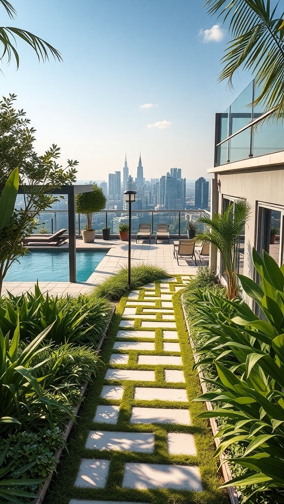 Ein kunstvoll gestalteter Weg in einem Dachgarten mit Blick auf die Stadt, umgeben von Pflanzen und einem Pool.