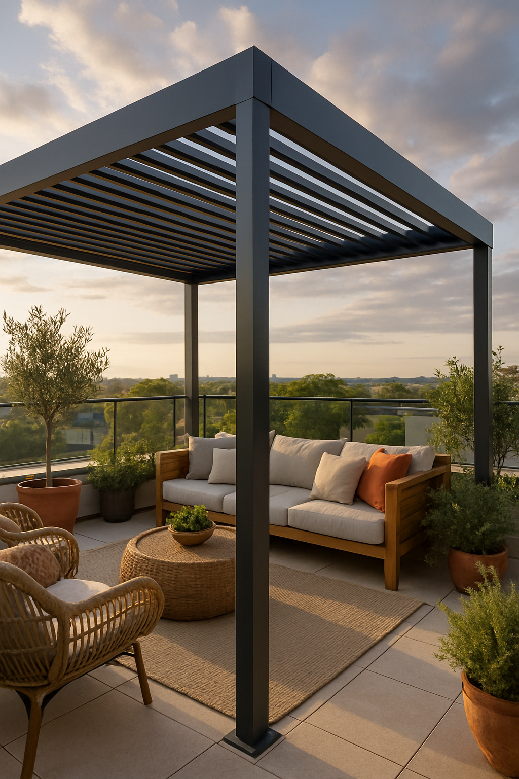 Stilvolle Dachterrasse mit Überdachung, bequemen Möbeln und Blick auf das Meer