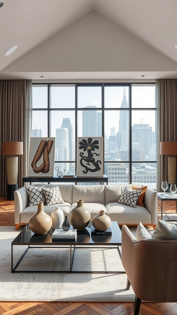 Ein stilvoll eingerichteter Raum mit großen Fenstern, eleganten Vasen und Kunstwerken, die maximalistischen Luxus ausstrahlen.