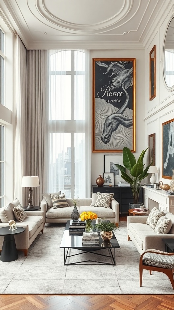Ein stilvolles Wohnzimmer mit hohen Fenstern, eleganten Möbeln und einem großen Kunstwerk an der Wand.