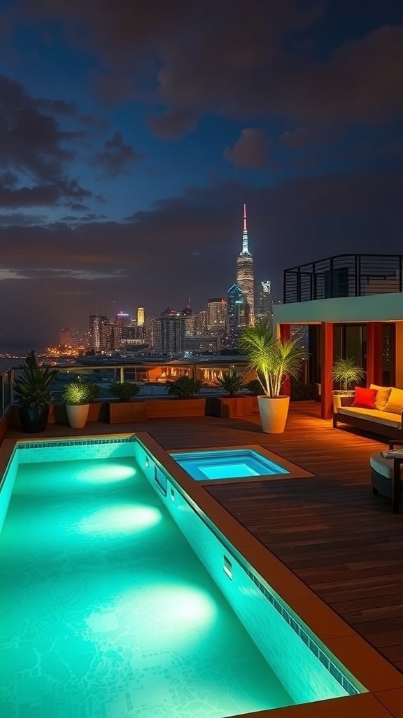 Luxuriöse Dachterrasse mit Pool und Stadtansicht bei Nacht