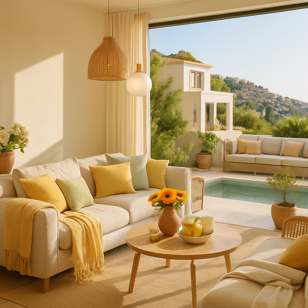 Helles Wohnzimmer mit Kunstvoller Beleuchtung und Blick auf die Natur