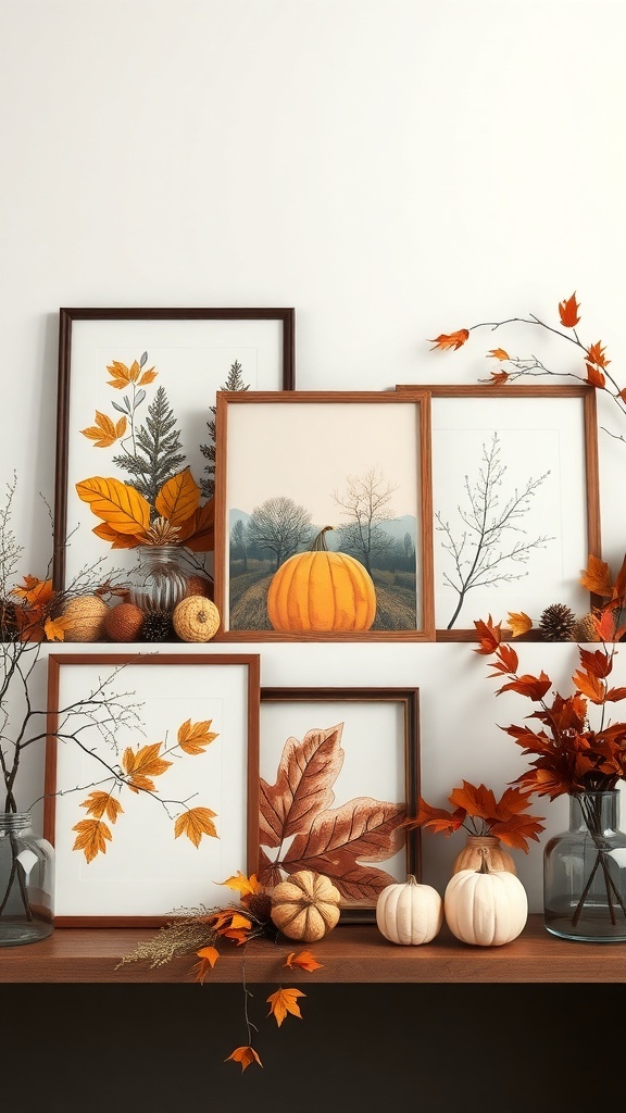 Kunstvolle Bilderrahmen mit herbstlichen Motiven, darunter bunte Blätter und Kürbisse, auf einem Regal.