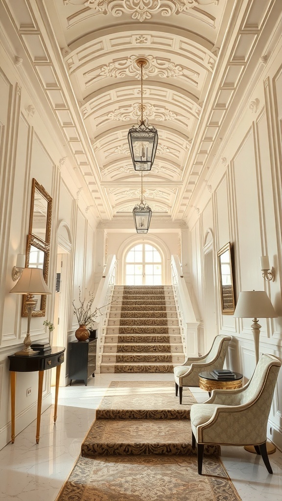 Eleganter Flur mit kunstvoller Decke und stilvollen Möbeln